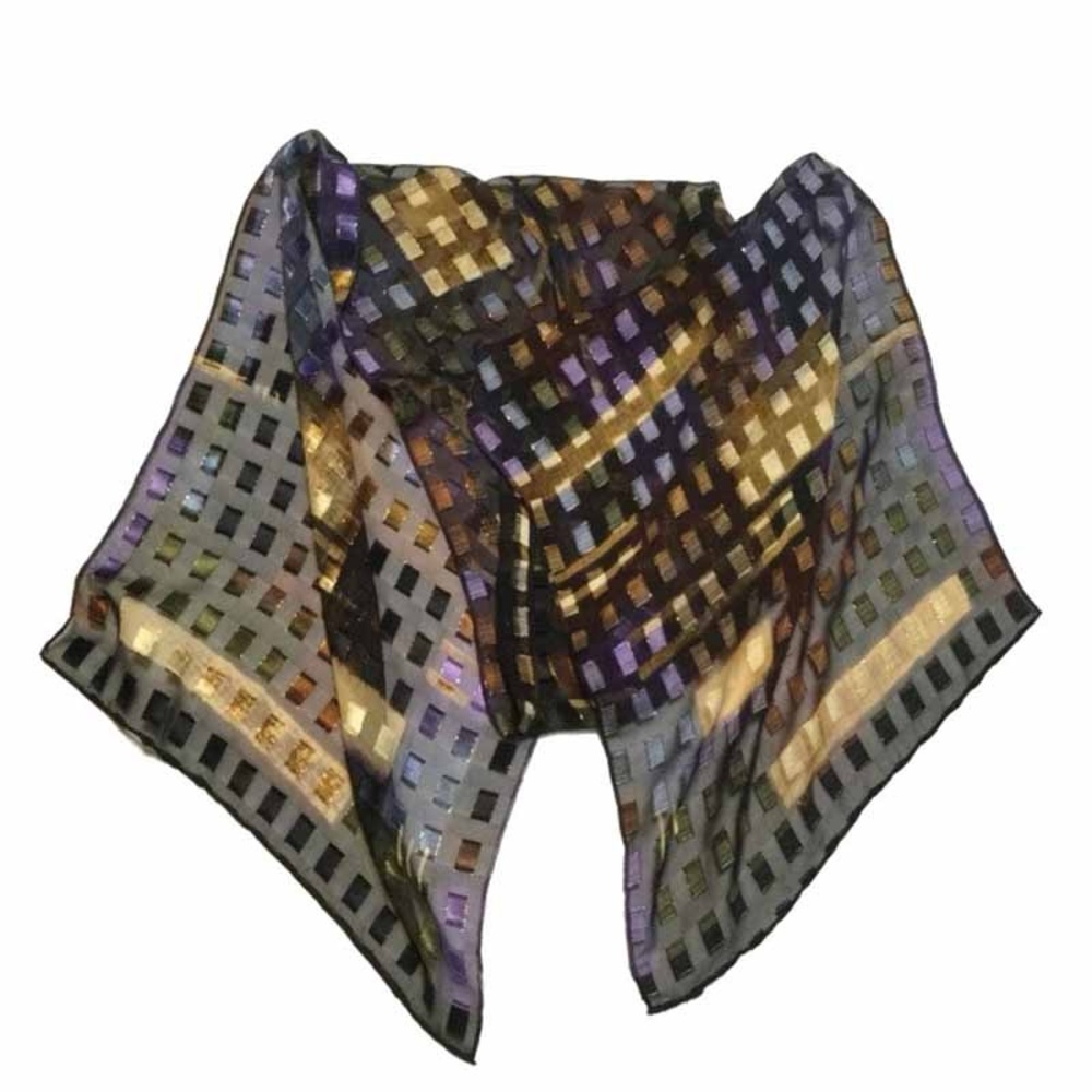Scarf - Satiny Squares with Eyelash Fringe on Sheer Black